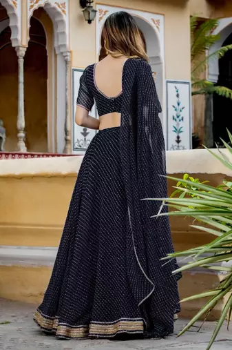 BLACK ZARI AND CODING LACE WORK WITH LEHERIYA PRINTED GEORGETTE LEHENGA CHOLI