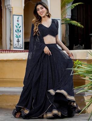 BLACK ZARI AND CODING LACE WORK WITH LEHERIYA PRINTED GEORGETTE LEHENGA CHOLI 4