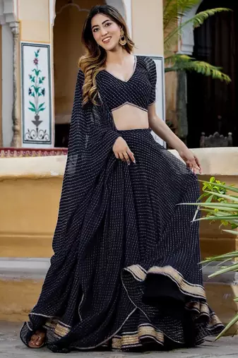 BLACK ZARI AND CODING LACE WORK WITH LEHERIYA PRINTED GEORGETTE LEHENGA CHOLI