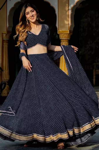 BLACK ZARI AND CODING LACE WORK WITH LEHERIYA PRINTED GEORGETTE LEHENGA CHOLI