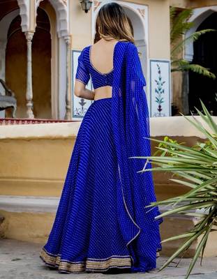 BLUE ZARI AND CODING LACE WORK WITH LEHERIYA PRINTED GEORGETTE LEHENGA CHOLI 4