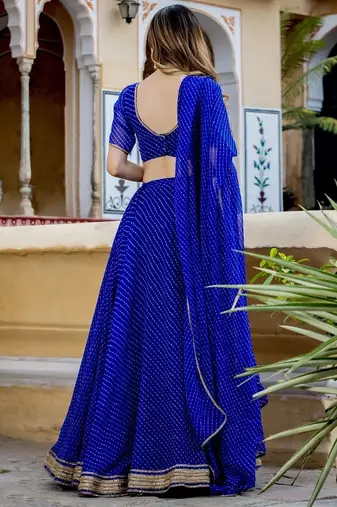 BLUE ZARI AND CODING LACE WORK WITH LEHERIYA PRINTED GEORGETTE LEHENGA CHOLI