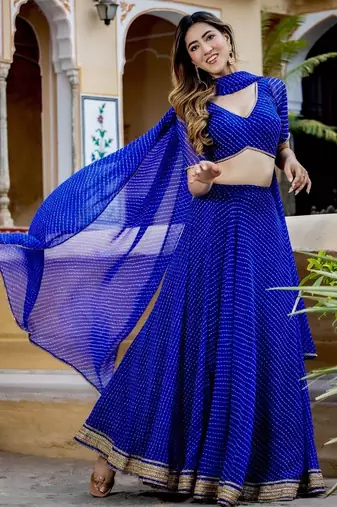 BLUE ZARI AND CODING LACE WORK WITH LEHERIYA PRINTED GEORGETTE LEHENGA CHOLI