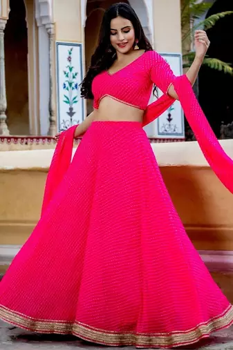 PINK ZARI AND CODING LACE WORK WITH LEHERIYA PRINTED GEORGETTE LEHENGA CHOLI