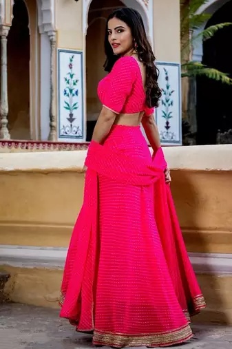 PINK ZARI AND CODING LACE WORK WITH LEHERIYA PRINTED GEORGETTE LEHENGA CHOLI