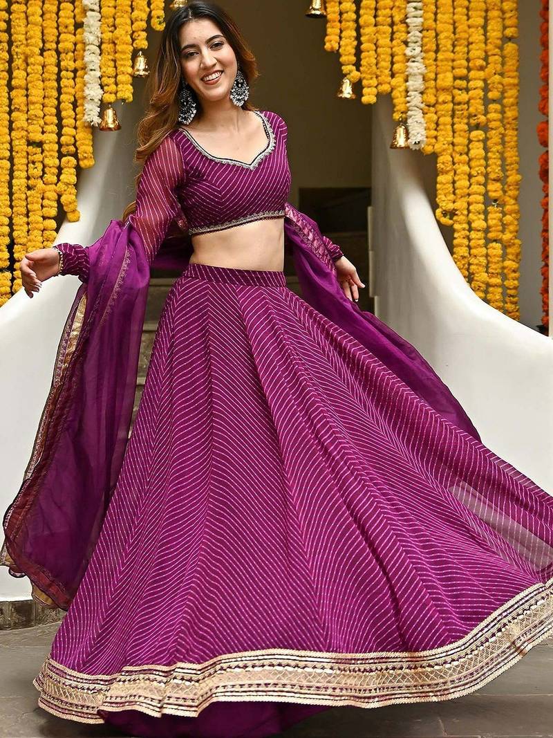 PURPLE ZARI AND CODING LACE WORK WITH LEHERIYA PRINTED GEORGETTE LEHENGA CHOLI