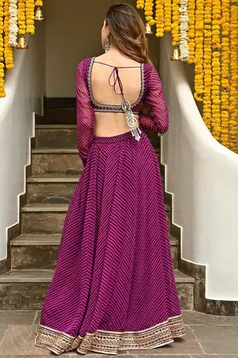 PURPLE ZARI AND CODING LACE WORK WITH LEHERIYA PRINTED GEORGETTE LEHENGA CHOLI