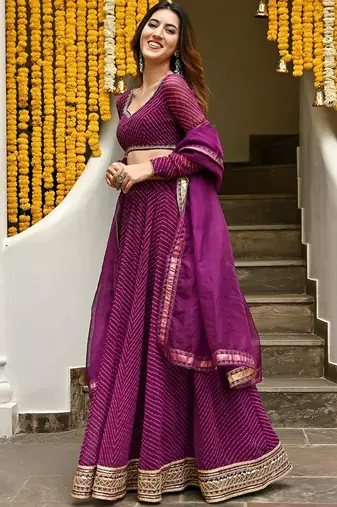 PURPLE ZARI AND CODING LACE WORK WITH LEHERIYA PRINTED GEORGETTE LEHENGA CHOLI