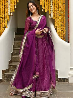 PURPLE ZARI AND CODING LACE WORK WITH LEHERIYA PRINTED GEORGETTE LEHENGA CHOLI 5