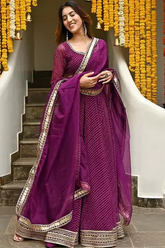 PURPLE ZARI AND CODING LACE WORK WITH LEHERIYA PRINTED GEORGETTE LEHENGA CHOLI