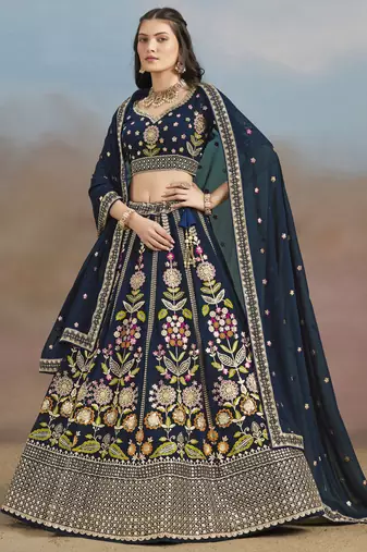 BLUE GEORGETTE SEQUINS THREAD ZARI EMBROIDERED LEHENGA CHOLI