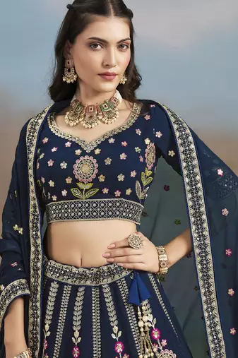 BLUE GEORGETTE SEQUINS THREAD ZARI EMBROIDERED LEHENGA CHOLI