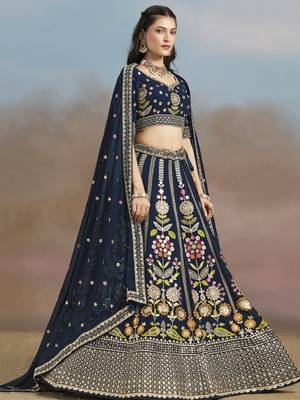 BLUE GEORGETTE SEQUINS THREAD ZARI EMBROIDERED LEHENGA CHOLI 4