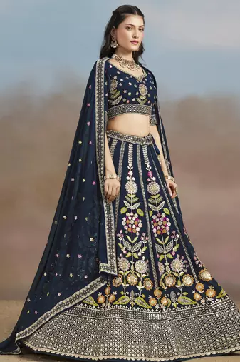 BLUE GEORGETTE SEQUINS THREAD ZARI EMBROIDERED LEHENGA CHOLI