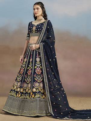 BLUE GEORGETTE SEQUINS THREAD ZARI EMBROIDERED LEHENGA CHOLI 5
