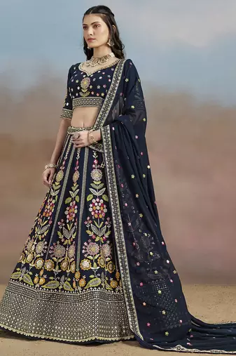 BLUE GEORGETTE SEQUINS THREAD ZARI EMBROIDERED LEHENGA CHOLI