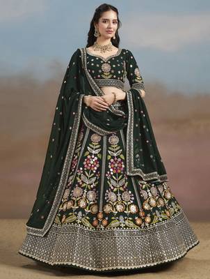 GREEN GEORGETTE SEQUINS THREAD ZARI EMBROIDERED LEHENGA CHOLI 1