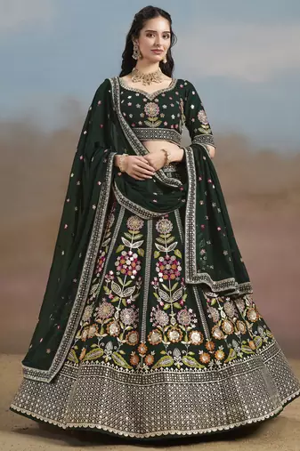 GREEN GEORGETTE SEQUINS THREAD ZARI EMBROIDERED LEHENGA CHOLI