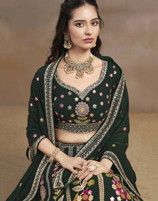 GREEN GEORGETTE SEQUINS THREAD ZARI EMBROIDERED LEHENGA CHOLI 3