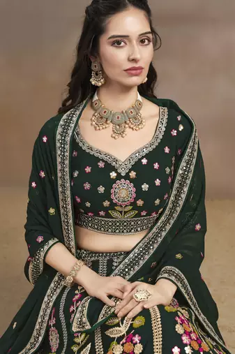 GREEN GEORGETTE SEQUINS THREAD ZARI EMBROIDERED LEHENGA CHOLI
