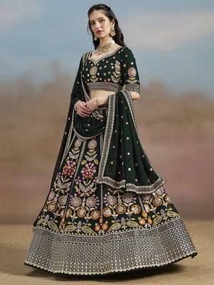 GREEN GEORGETTE SEQUINS THREAD ZARI EMBROIDERED LEHENGA CHOLI 4