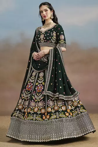 GREEN GEORGETTE SEQUINS THREAD ZARI EMBROIDERED LEHENGA CHOLI