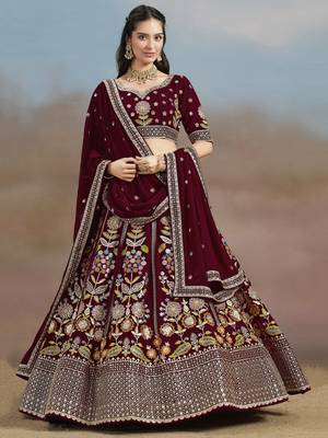 MAROON GEORGETTE SEQUINS THREAD ZARI EMBROIDERED LEHENGA CHOLI 1