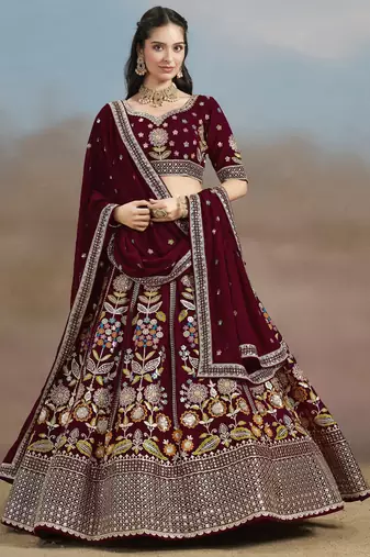 MAROON GEORGETTE SEQUINS THREAD ZARI EMBROIDERED LEHENGA CHOLI