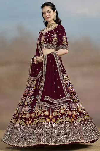MAROON GEORGETTE SEQUINS THREAD ZARI EMBROIDERED LEHENGA CHOLI