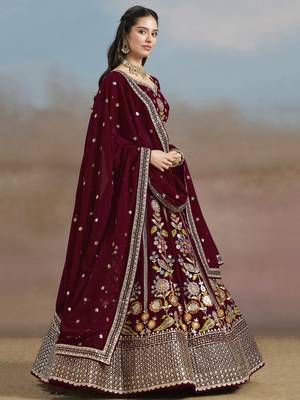 MAROON GEORGETTE SEQUINS THREAD ZARI EMBROIDERED LEHENGA CHOLI 6