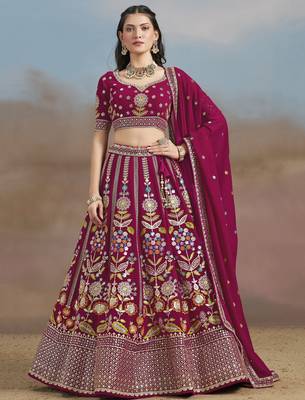 PINK GEORGETTE SEQUINS THREAD ZARI EMBROIDERED LEHENGA CHOLI 1