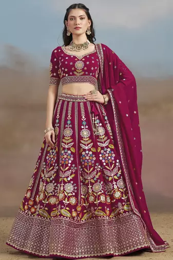 PINK GEORGETTE SEQUINS THREAD ZARI EMBROIDERED LEHENGA CHOLI