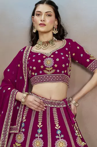 PINK GEORGETTE SEQUINS THREAD ZARI EMBROIDERED LEHENGA CHOLI