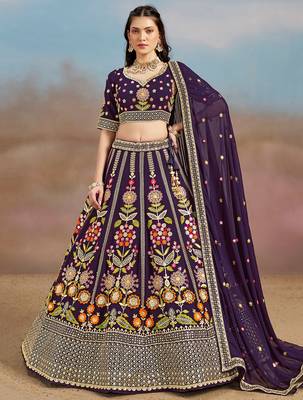 PURPLE GEORGETTE SEQUINS THREAD ZARI EMBROIDERED LEHENGA CHOLI 1