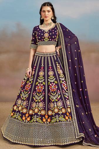 PURPLE GEORGETTE SEQUINS THREAD ZARI EMBROIDERED LEHENGA CHOLI
