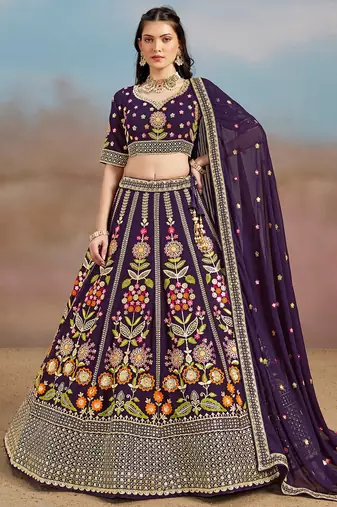 PURPLE GEORGETTE SEQUINS THREAD ZARI EMBROIDERED LEHENGA CHOLI