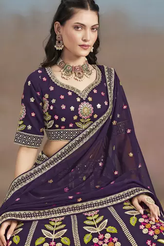 PURPLE GEORGETTE SEQUINS THREAD ZARI EMBROIDERED LEHENGA CHOLI