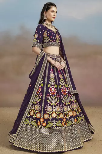 PURPLE GEORGETTE SEQUINS THREAD ZARI EMBROIDERED LEHENGA CHOLI