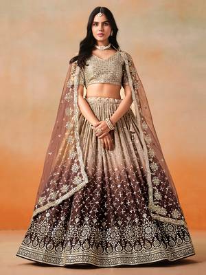 BROWN GEORGETTE SEQUINS ZARI EMBROIDERED LEHENGA CHOLI 1