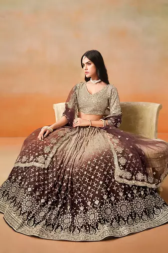 BROWN GEORGETTE SEQUINS ZARI EMBROIDERED LEHENGA CHOLI