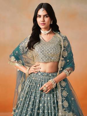 DOVE BLUE GEORGETTE SEQUINS ZARI EMBROIDERED LEHENGA CHOLI 3
