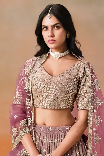MAROON GEORGETTE SEQUINS ZARI EMBROIDERED LEHENGA CHOLI