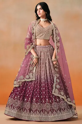 MAROON GEORGETTE SEQUINS ZARI EMBROIDERED LEHENGA CHOLI