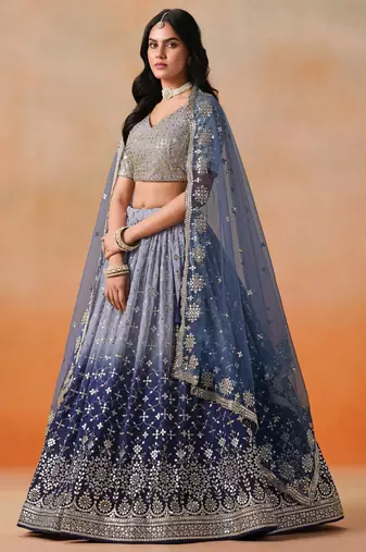 NAVY BLUE GEORGETTE SEQUINS ZARI EMBROIDERED LEHENGA CHOLI
