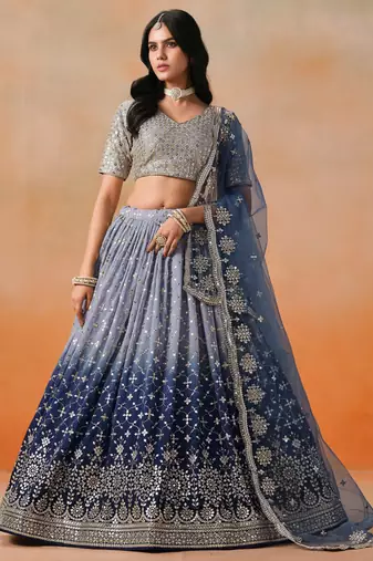 NAVY BLUE GEORGETTE SEQUINS ZARI EMBROIDERED LEHENGA CHOLI