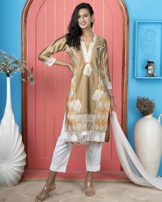 Antique gold embroidered silk straight cut trouser kurta dupatta readymade suits 1
