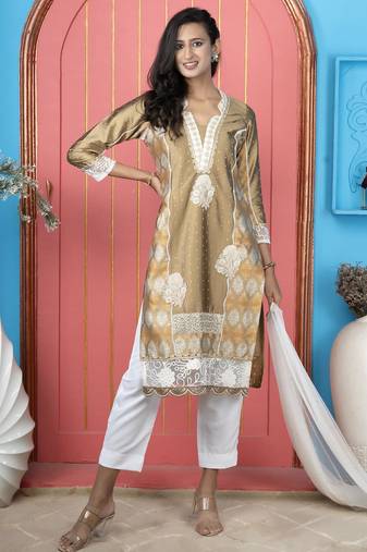 Antique gold embroidered silk straight cut trouser kurta dupatta readymade suits