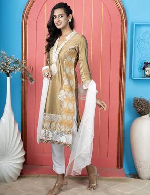 Antique gold embroidered silk straight cut trouser kurta dupatta readymade suits 2