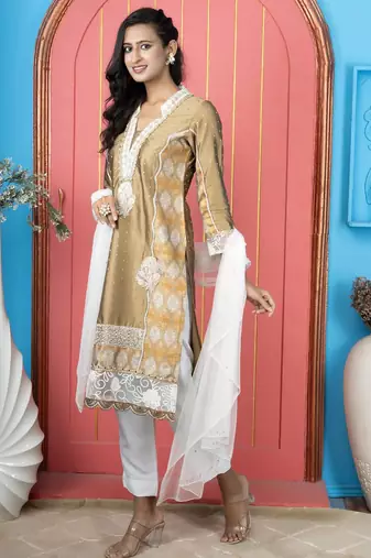 Antique gold embroidered silk straight cut trouser kurta dupatta readymade suits