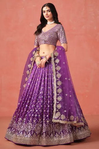PURPLE GEORGETTE SEQUINS ZARI EMBROIDERED LEHENGA CHOLI